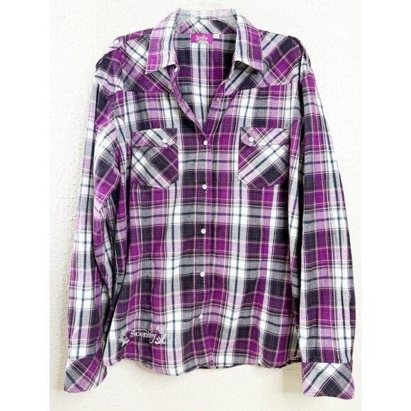 Scentsy Tops - Scentsy 3XL Urban Cowgirl Plaid Pearl Snap Shirt Embroidered Logo Purple Blk EUC
